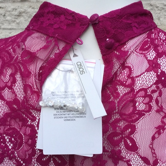 NEW ASOS Pink Pearl Sequin Sheer Lace long sleeve Mock Top 2 - Picture 6 of 8